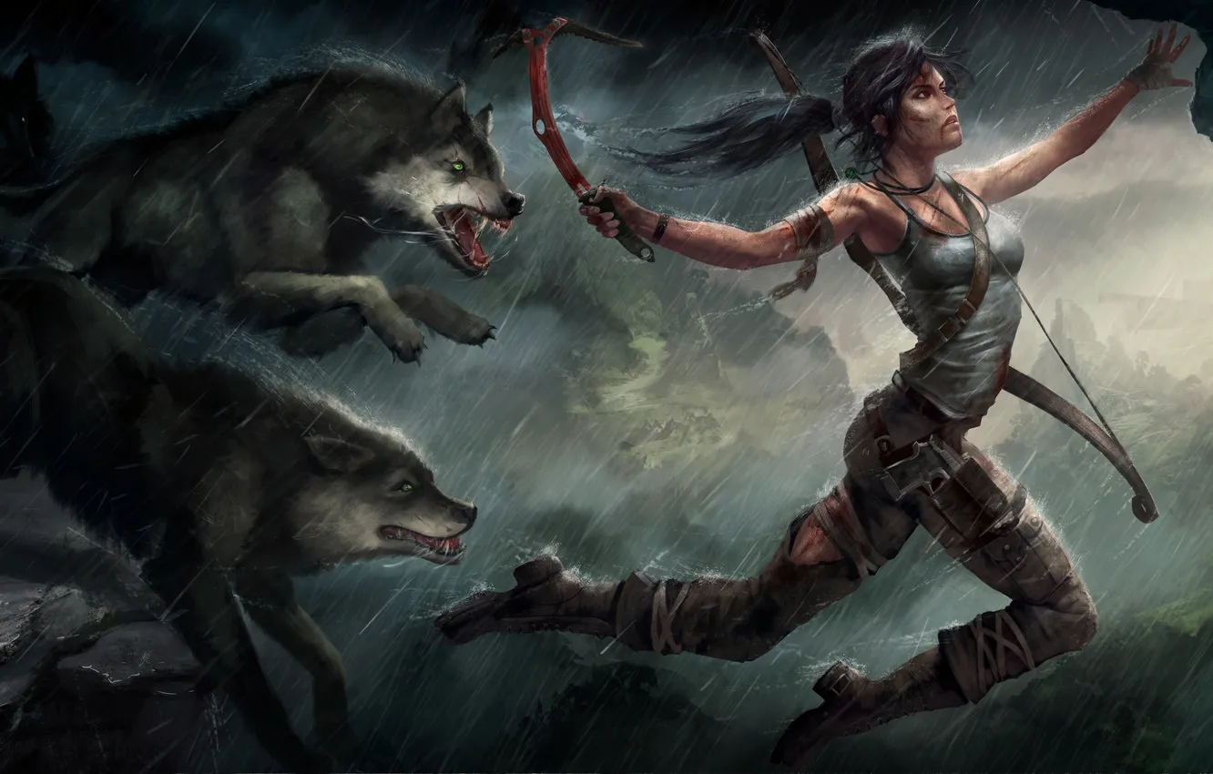 Photo wallpaper girl, jump, wolves, Tomb Raider, Lara Croft