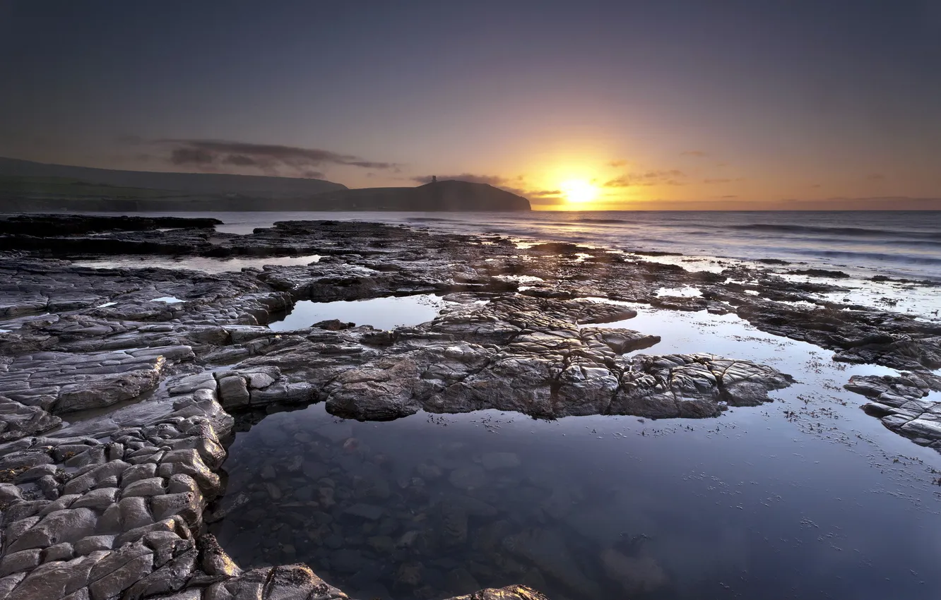 Photo wallpaper sea, sunset, stones
