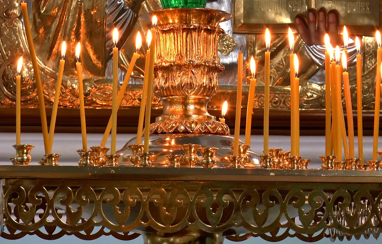 Photo wallpaper lights, interior, candles, temple, fire, gold, candle holder, candles