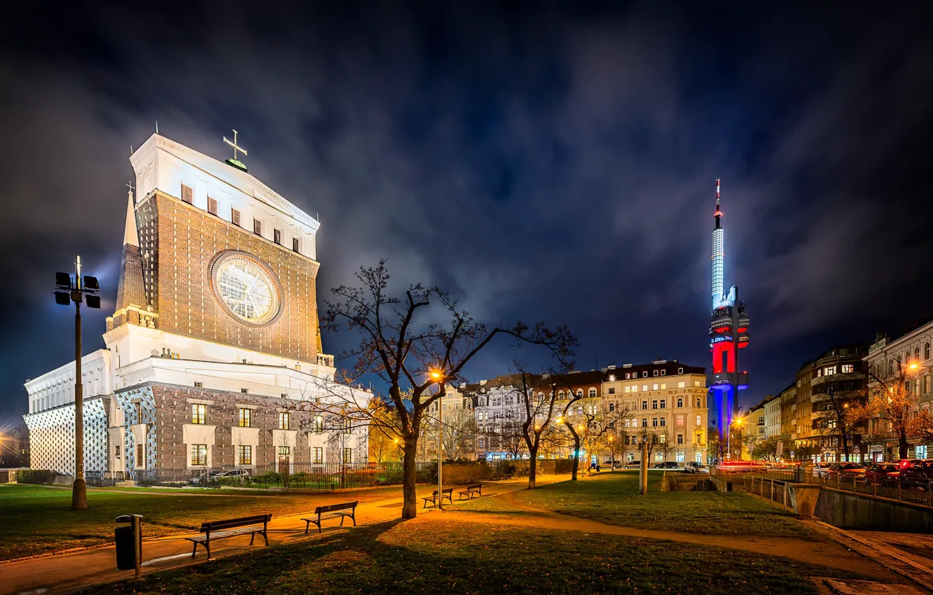 Photo wallpaper trees, bench, night, lights, lawn, building, home, Prague