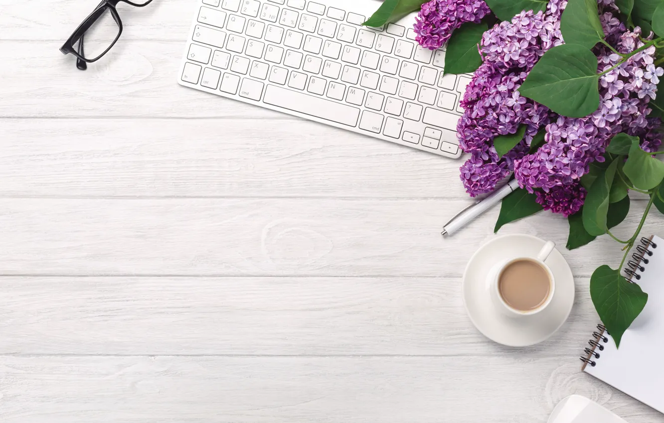 Photo wallpaper flowers, coffee, spring, glasses, Cup, keyboard, lilac