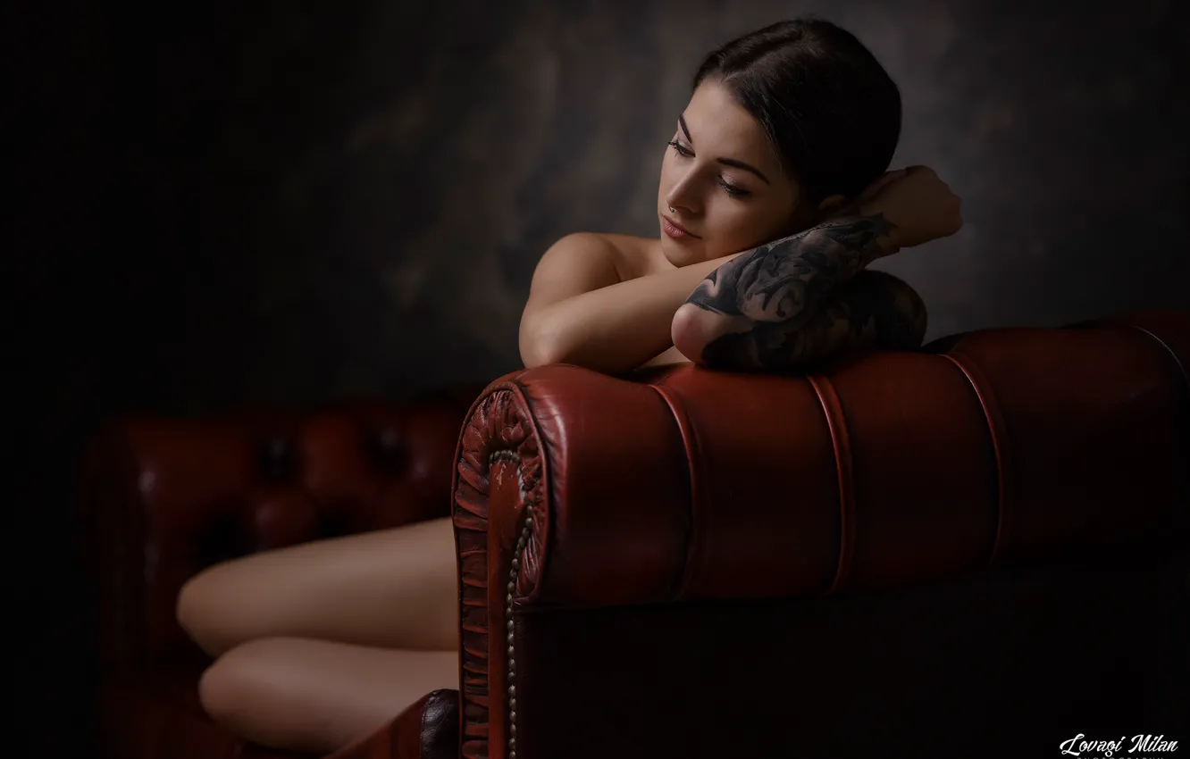 Photo wallpaper girl, reverie, pose, background, sofa, mood, hands, tattoo