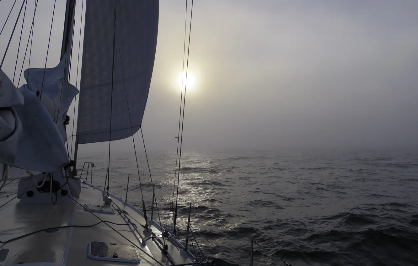 Photo wallpaper sea, fog, morning, yacht, haze