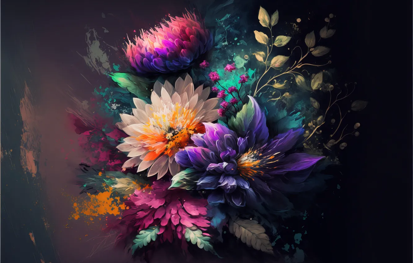 Photo wallpaper flowers, graphics, bouquet, art, bright colors, different, digital painting, digital art