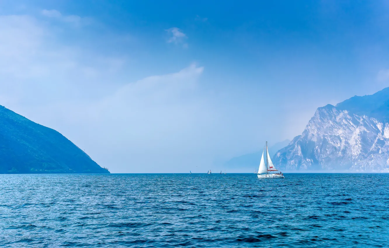 Photo wallpaper sea, mountains, coast, yacht