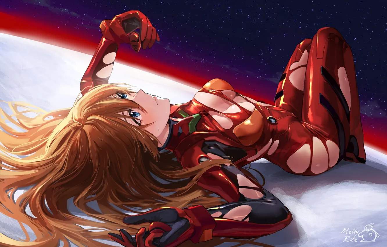 Photo wallpaper cleavage, Neon Genesis Evangelion, long hair, boobs, Asuka Langley Soryu, blue eyes, stars, redhead