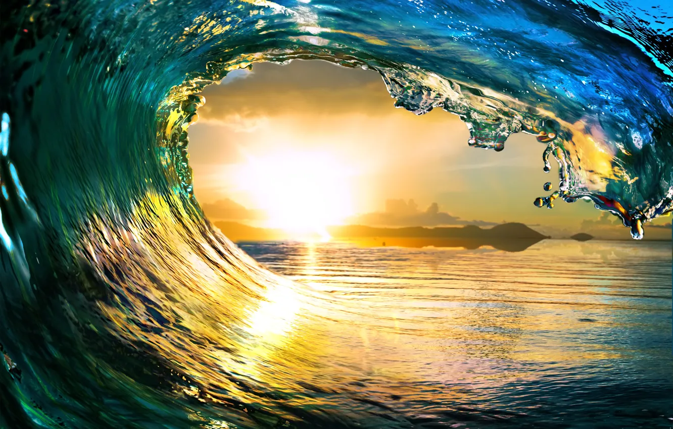Photo wallpaper sea, wave, the sun, landscape, nature, the ocean, waves, sea