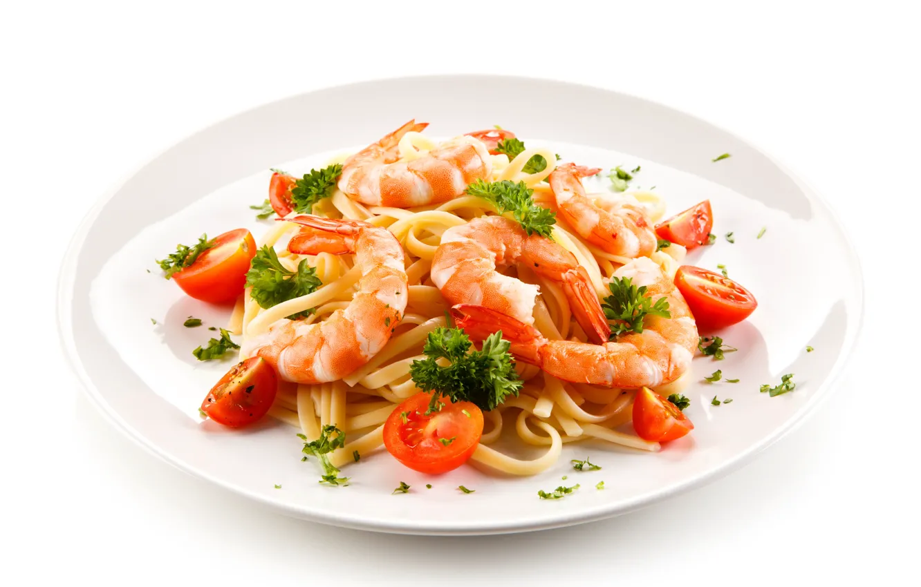 Photo wallpaper food, plate, tomatoes, shrimp, pasta, Main Dishes
