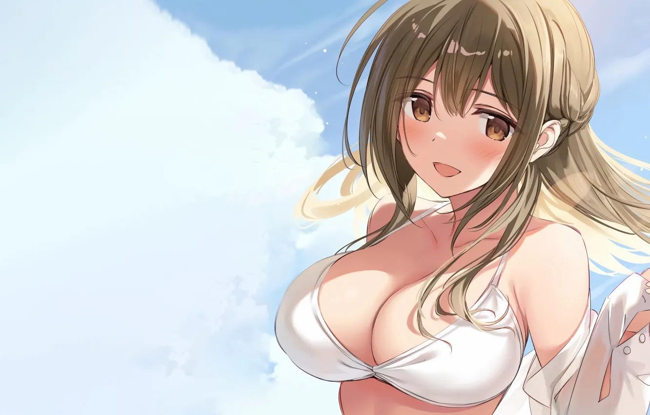Photo wallpaper girl, sexy, cleavage, long hair, brown eyes, boobs, anime, beautiful