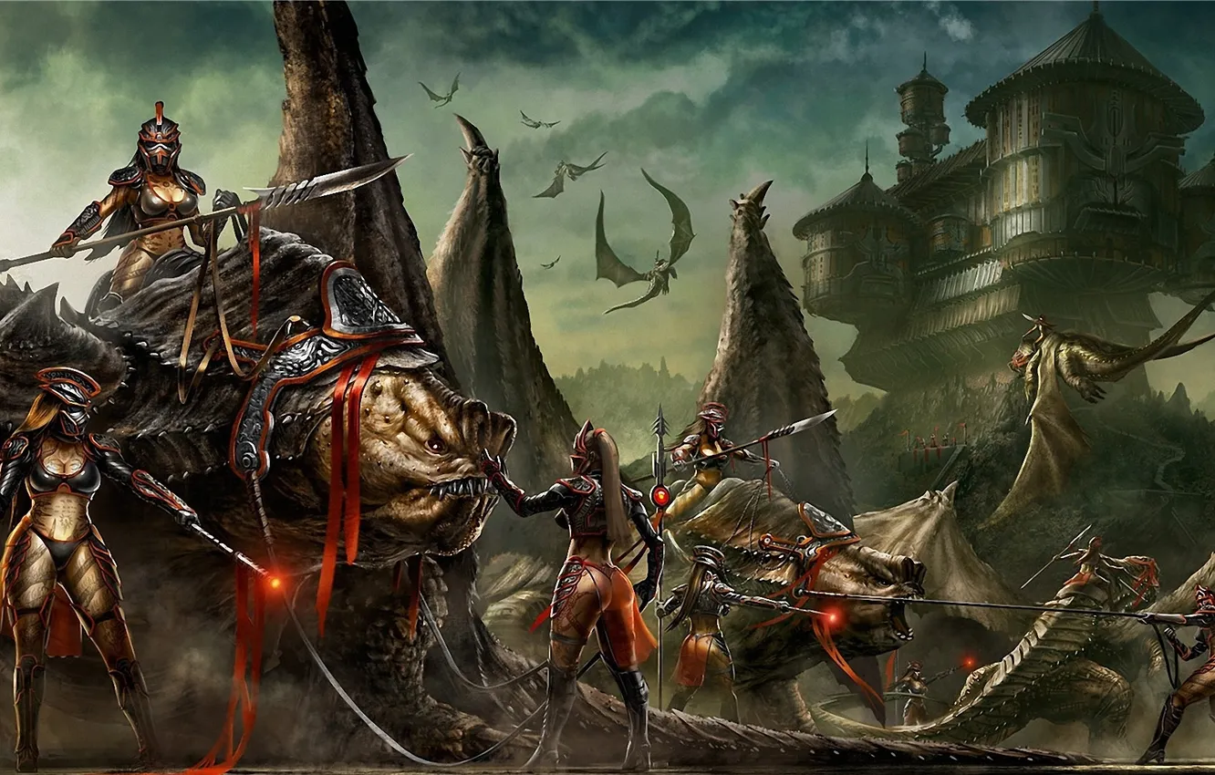 Photo wallpaper girl, weapons, wings, monster, art, spear, Valkyrie