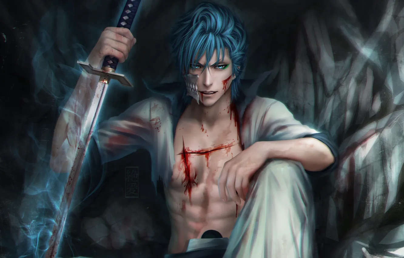 Photo wallpaper look, weapons, blood, guy, Bleach, Bleach, corpses, grin