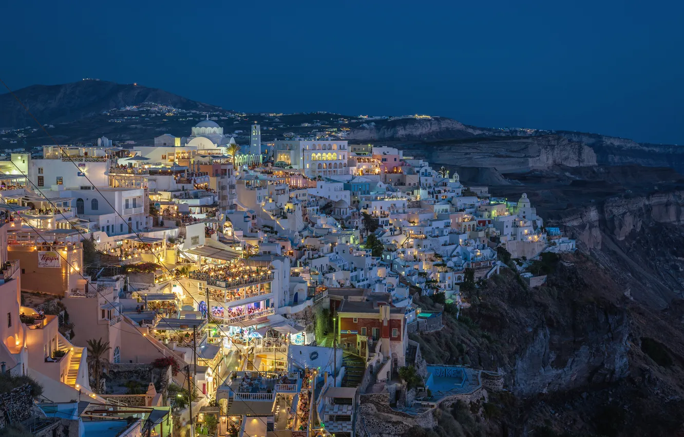 Photo wallpaper night, the city, lights, people, view, home, Greece