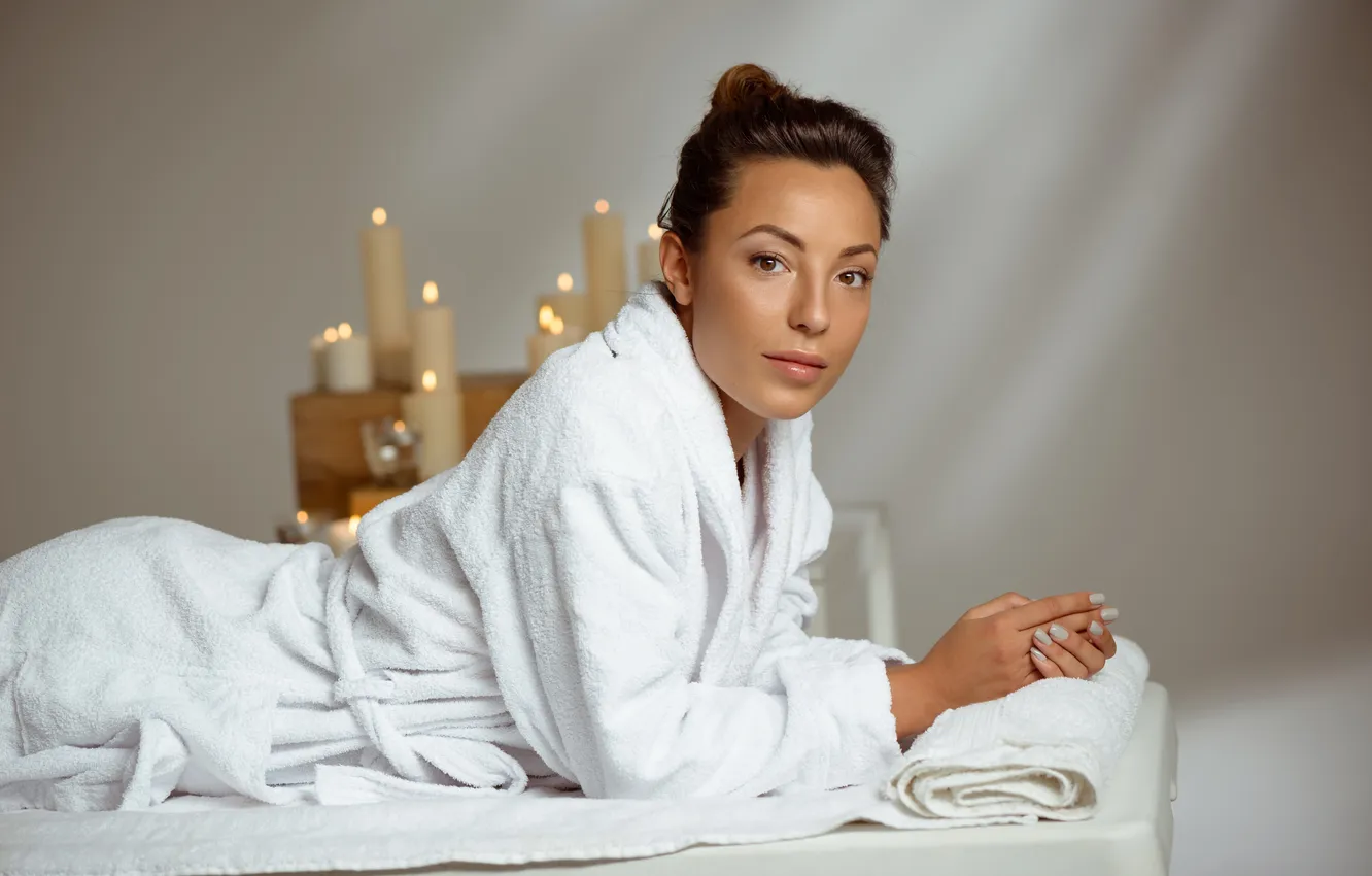Photo wallpaper girl, model, lies, Bathrobe, candle