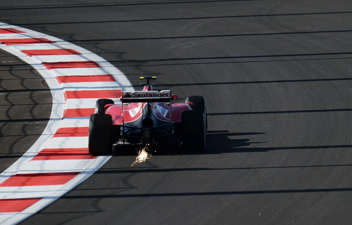 Photo wallpaper asphalt, track, turn, sparks, ferrari, Ferrari, the curb, f14t