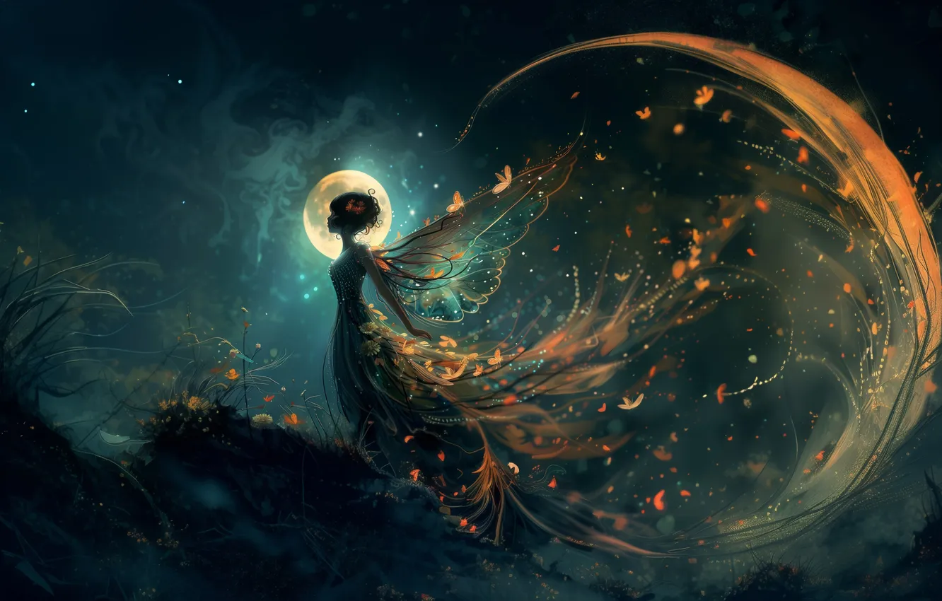 Photo wallpaper girl, night, the moon, wings, fairy, digital art, AI art, The Art of Artificial Intelligence