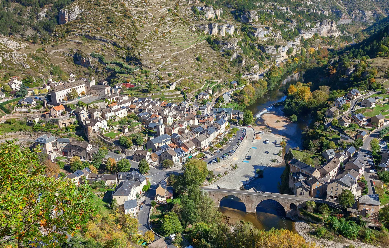 Photo wallpaper the sun, trees, bridge, river, rocks, France, home, the view from the top