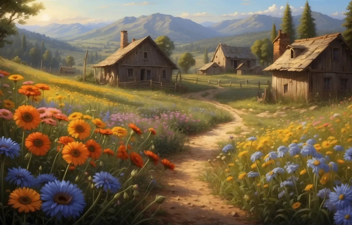 Photo wallpaper field, summer, flowers, mountains, village, meadow, house, path