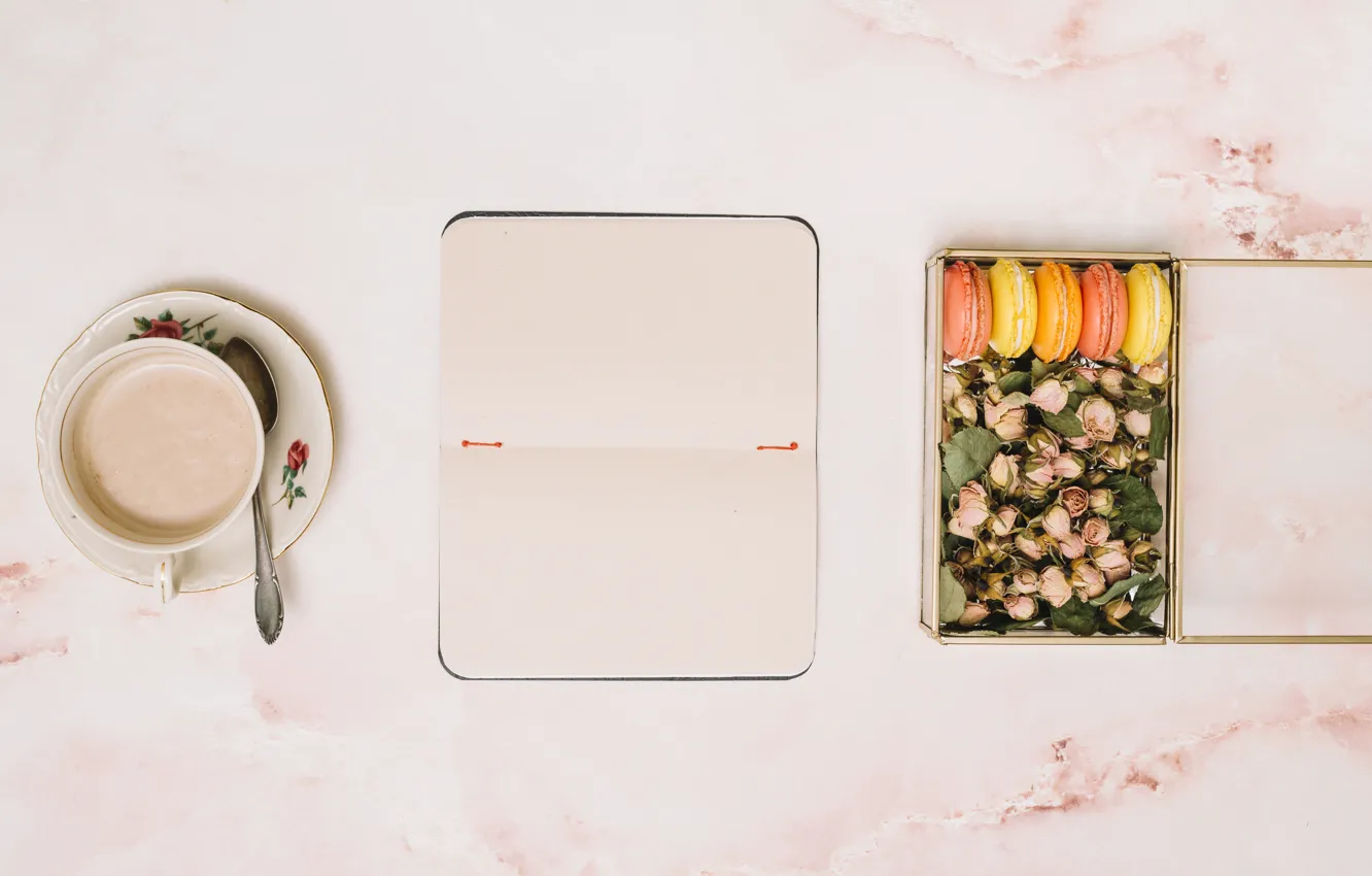 Photo wallpaper box, coffee, roses, cookies, buds, macaron