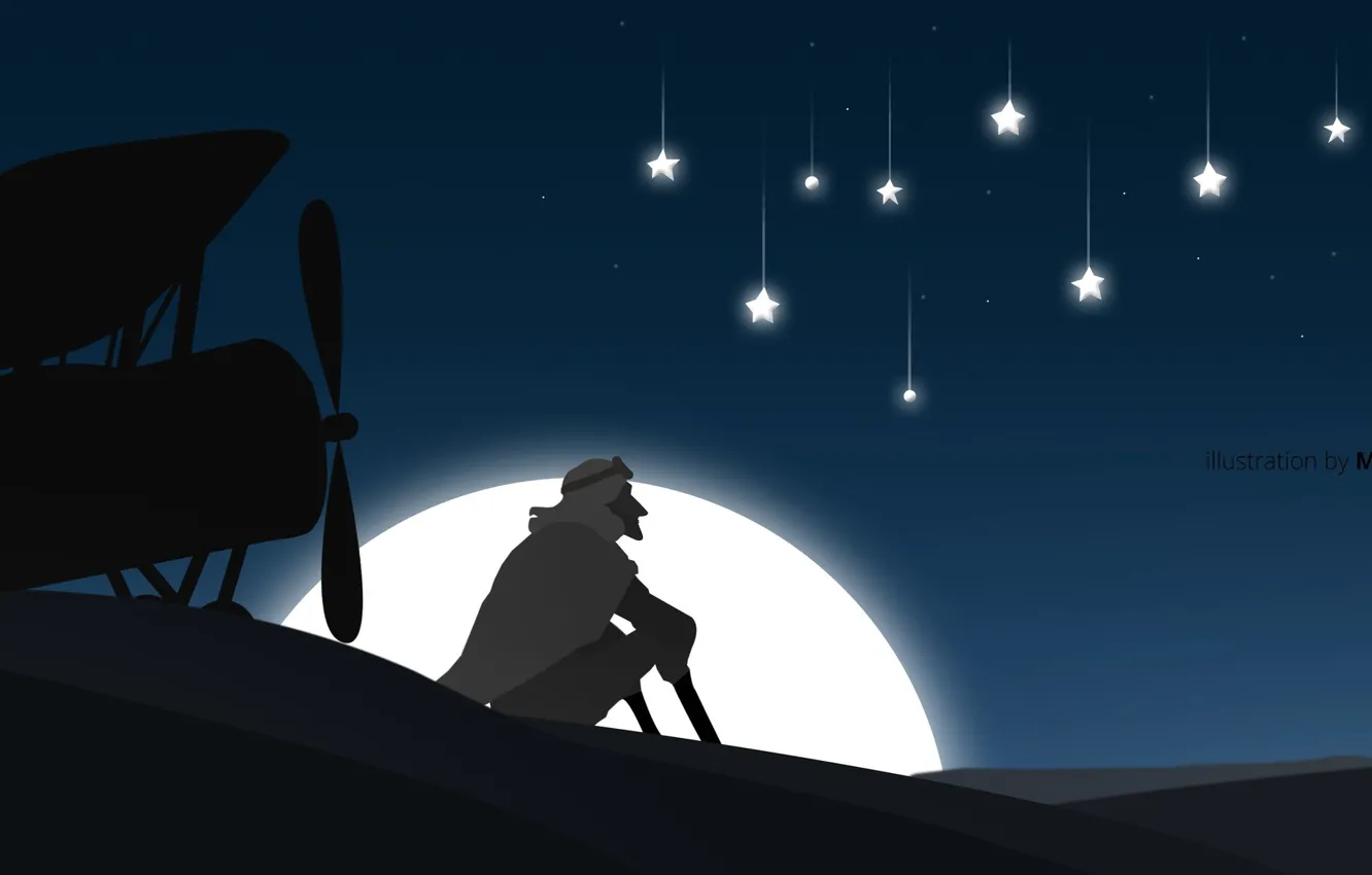 Photo wallpaper moon, desert, Sahara, man, airplane, moonlight, artist, digital art