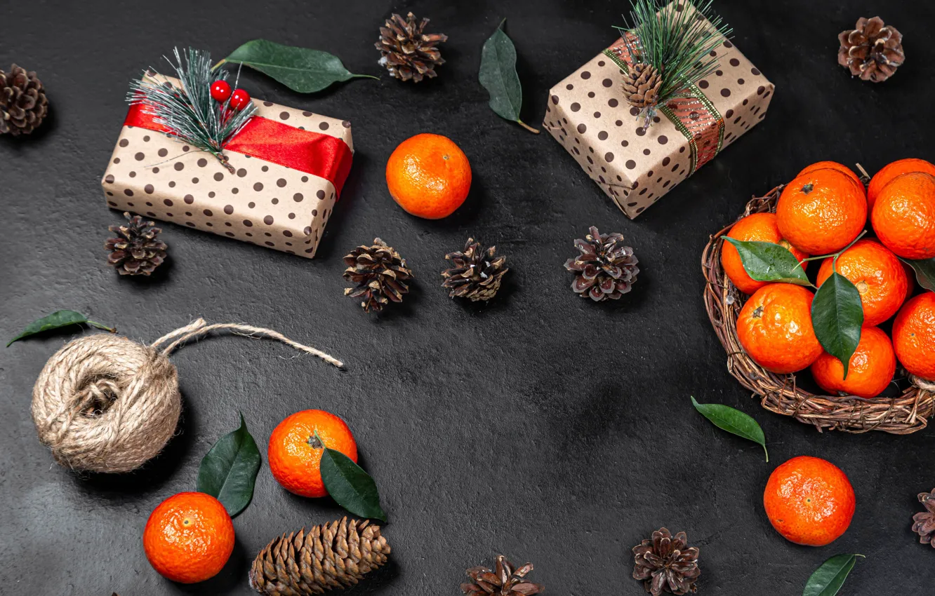 Photo wallpaper New Year, Christmas, gifts, bumps, tangerines