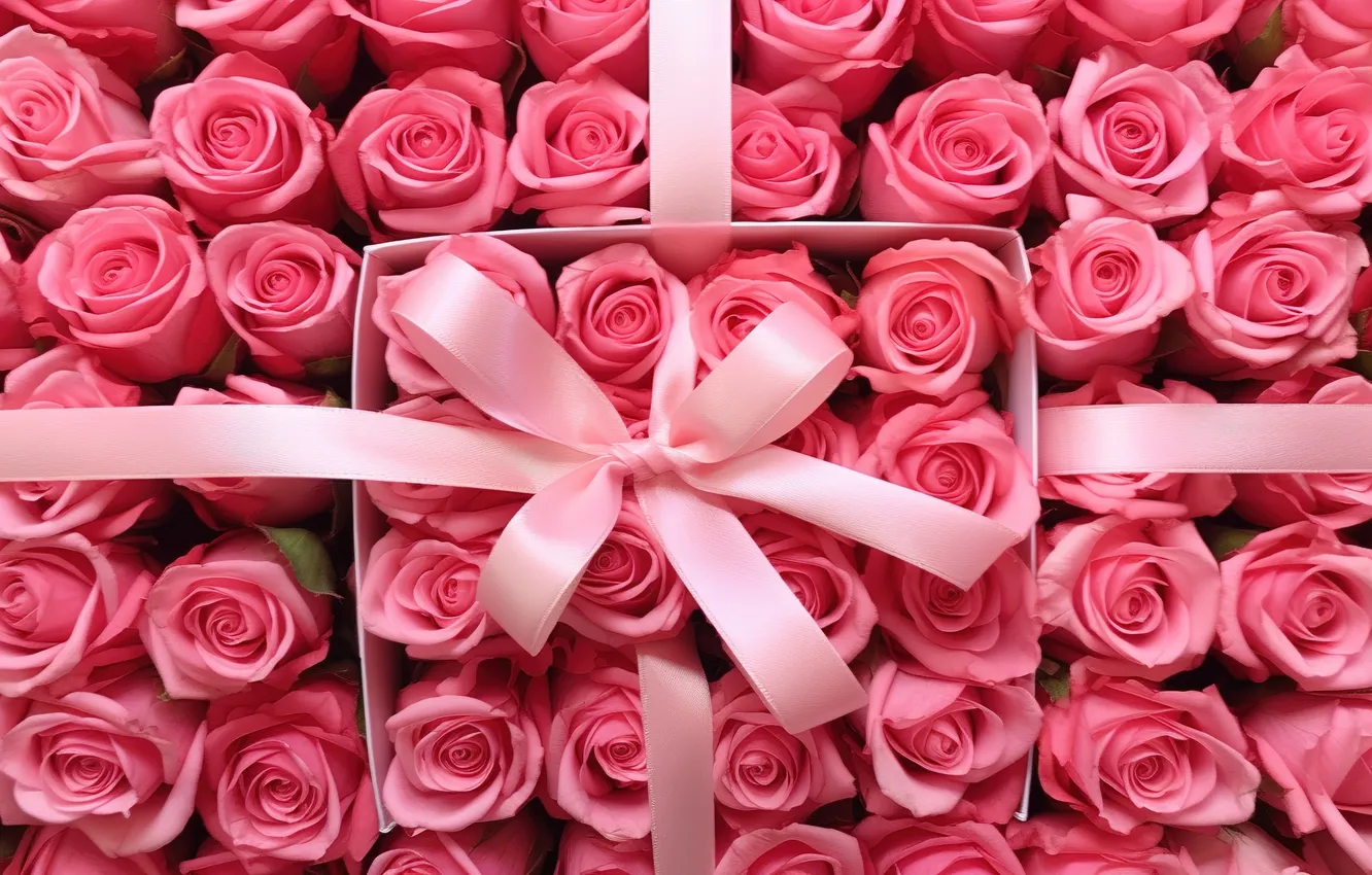 Photo wallpaper flowers, gift, roses, pink, pink, flowers, beautiful, present