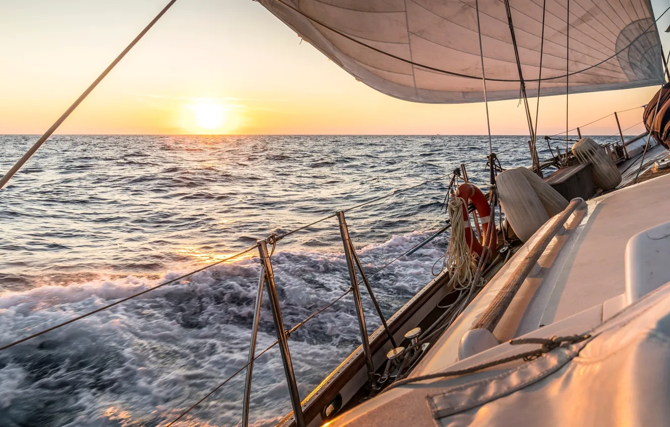 Photo wallpaper the sun, the way, movement, the ocean, the wind, morning, yacht, sail