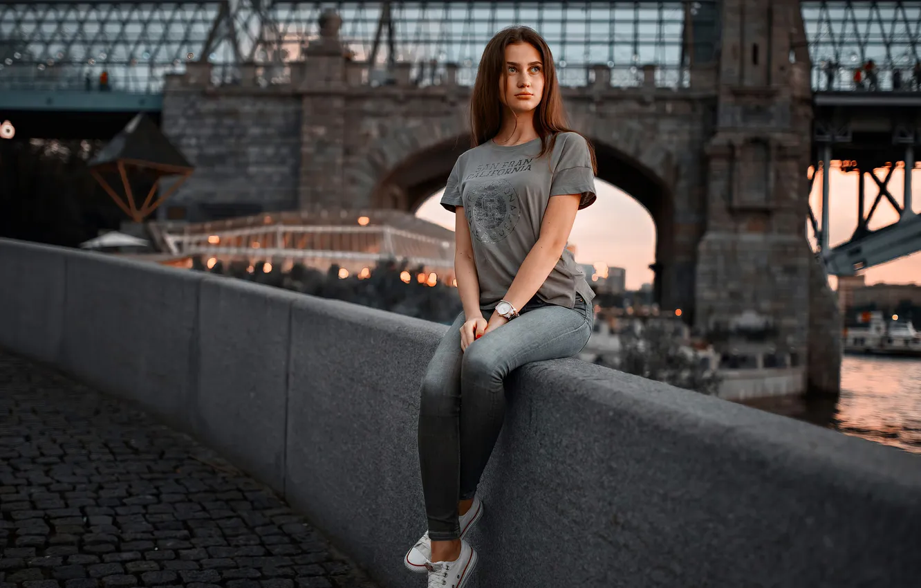 Photo wallpaper girl, sexy, woman, beautiful, model, jeans, cute, t-shirt
