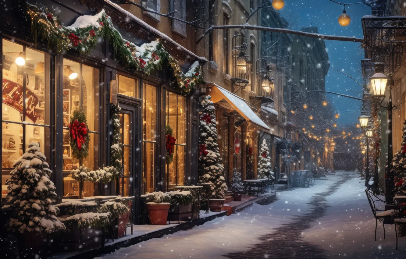 Photo wallpaper winter, snow, decoration, night, the city, lights, street, tree