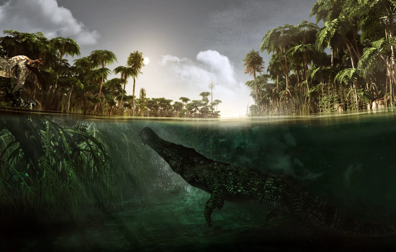 Photo wallpaper underwater, Alessandro Mastronard, Sarcosuchus, Sarcosuchus, Microraptor, Microraptor, an extinct genus of giant crocodylomorphs, a genus …
