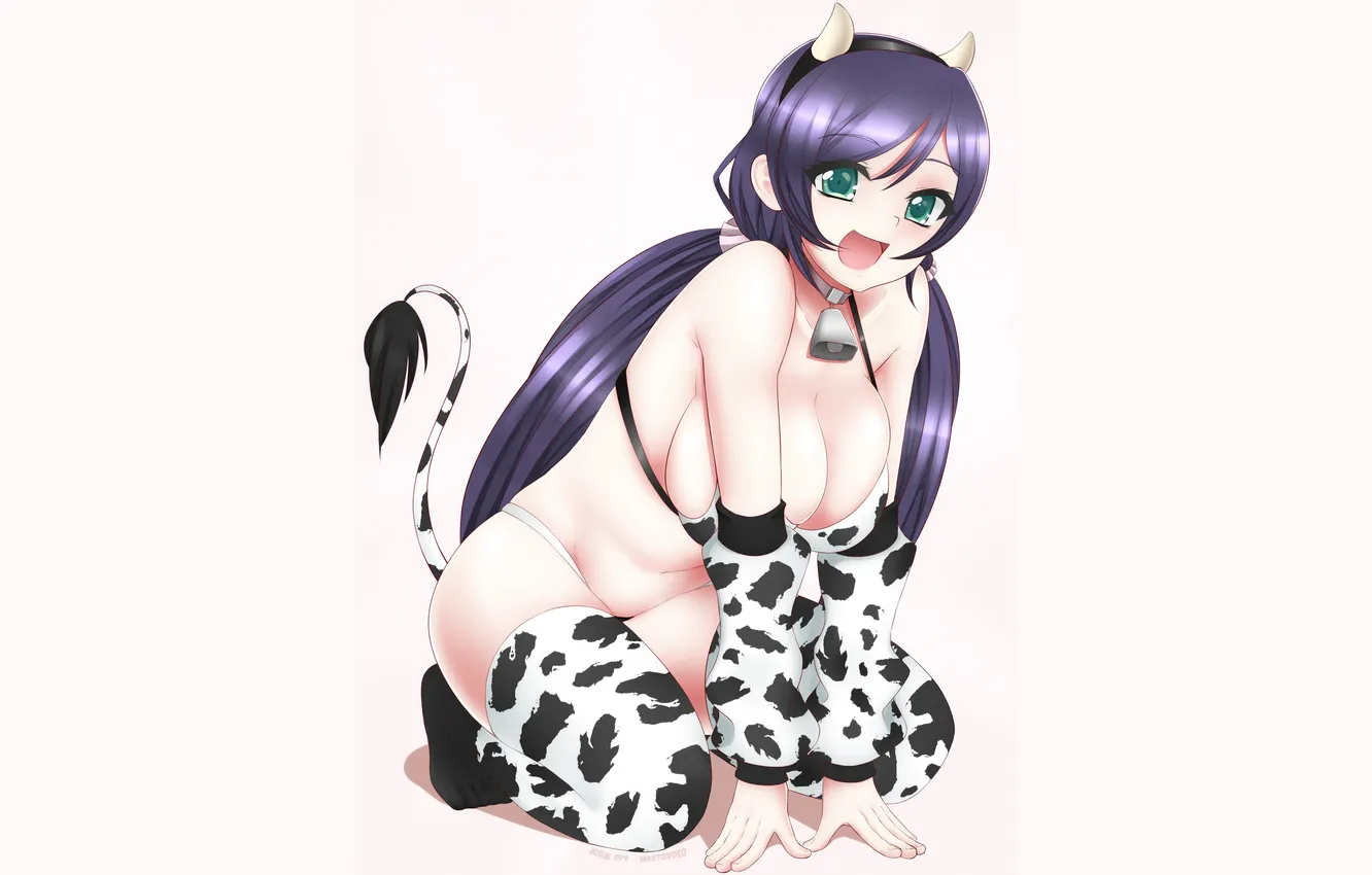 Photo wallpaper girl, sexy, cleavage, horns, green eyes, long hair, legs, boobs