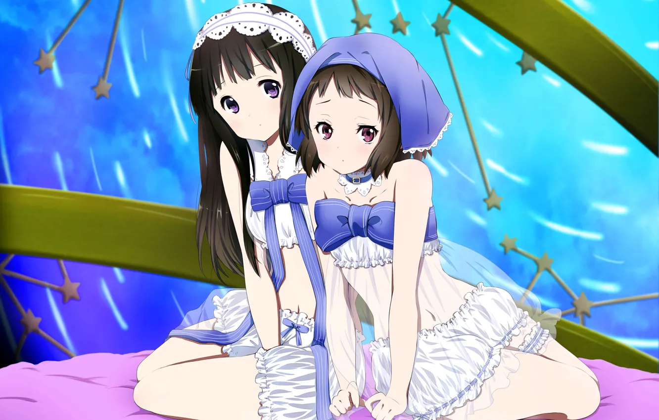 Photo wallpaper sexy, shorts, blouse, long hair, girls, anime, beautiful, short hair