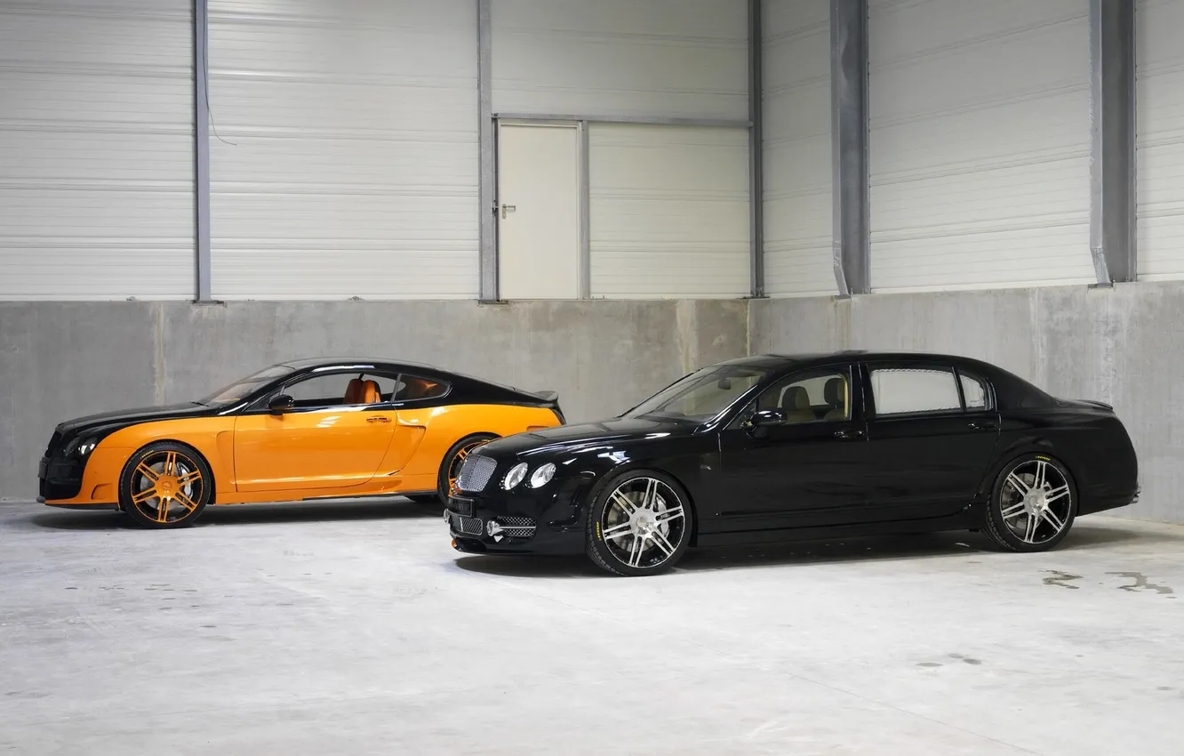 Photo wallpaper auto, yellow, black, two, Bentley, Continental, side view, flying