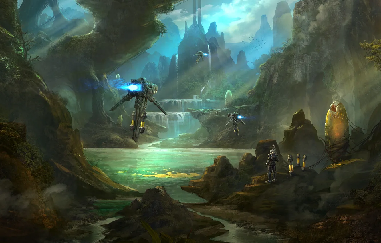 Photo wallpaper the sky, mountains, fiction, rocks, people, jungle, art, costume