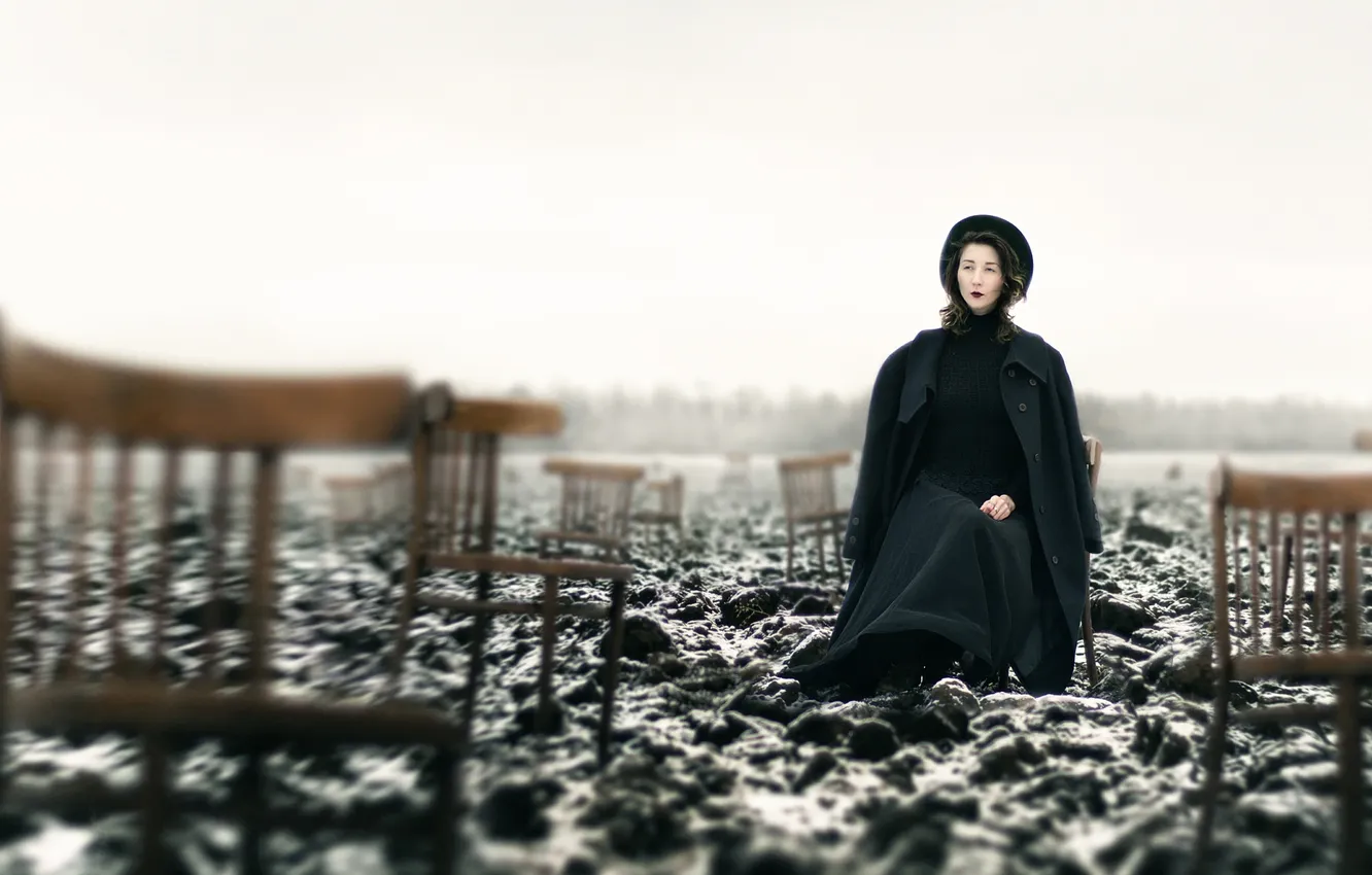 Photo wallpaper girl, snow, art, chair, arable land, Inna Mosina