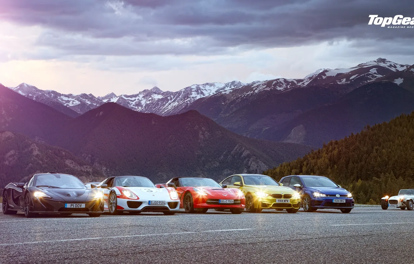 Photo wallpaper Top Gear, Front, Wallpaper, Supercars, Volkswagen Golf, Porsche 918, BMW M4, McLaren P1