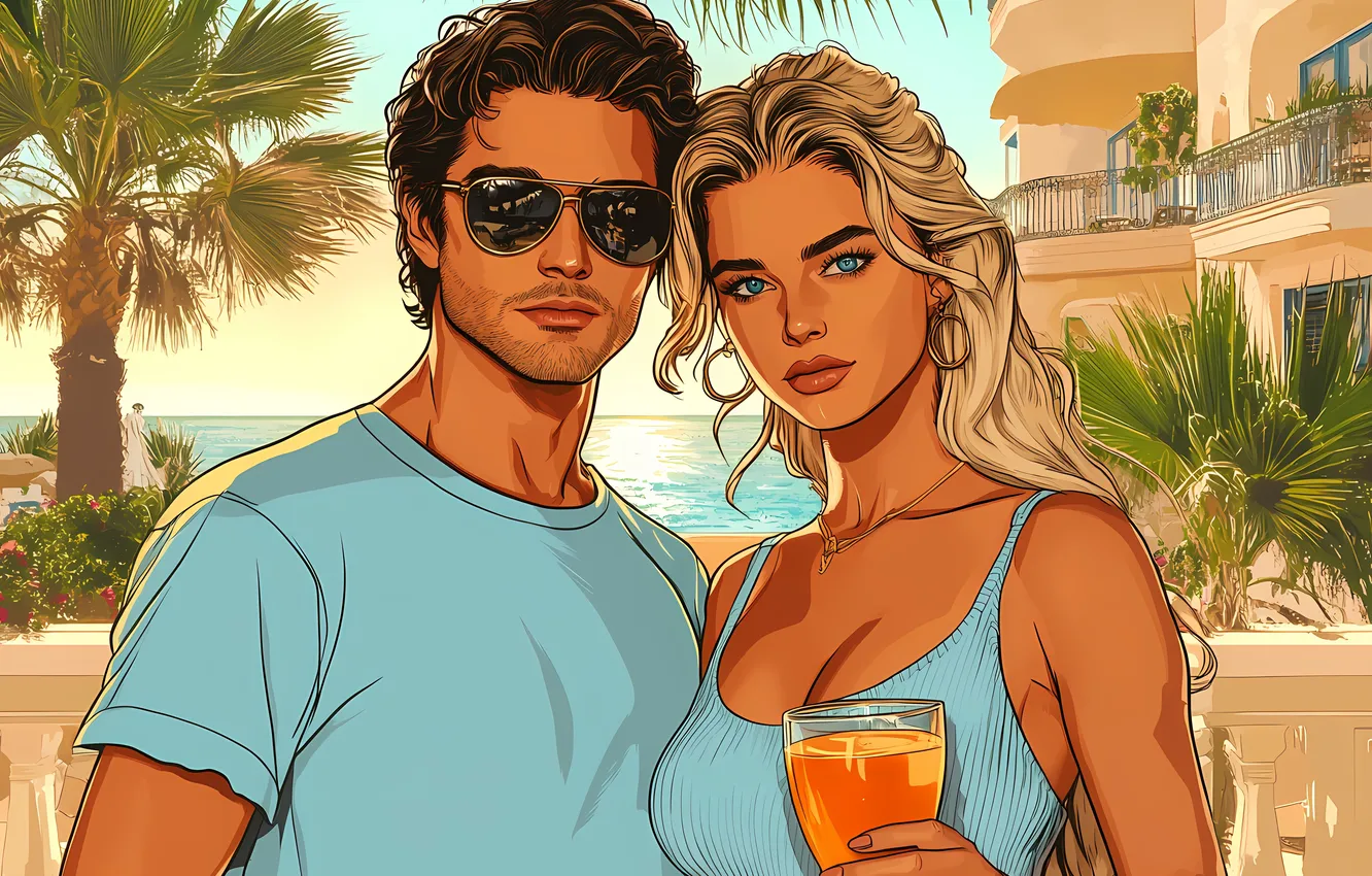 Photo wallpaper sea, girl, style, retro, palm trees, glass, home, glasses