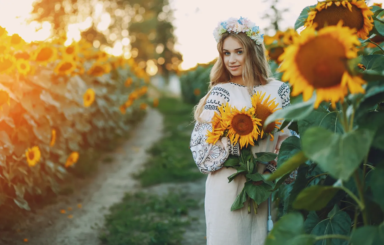 Photo wallpaper field, girl, light, sunflowers, braces