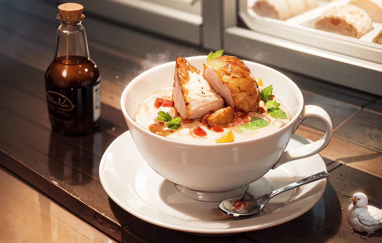 Photo wallpaper bird, food, soup, cafe, sauce