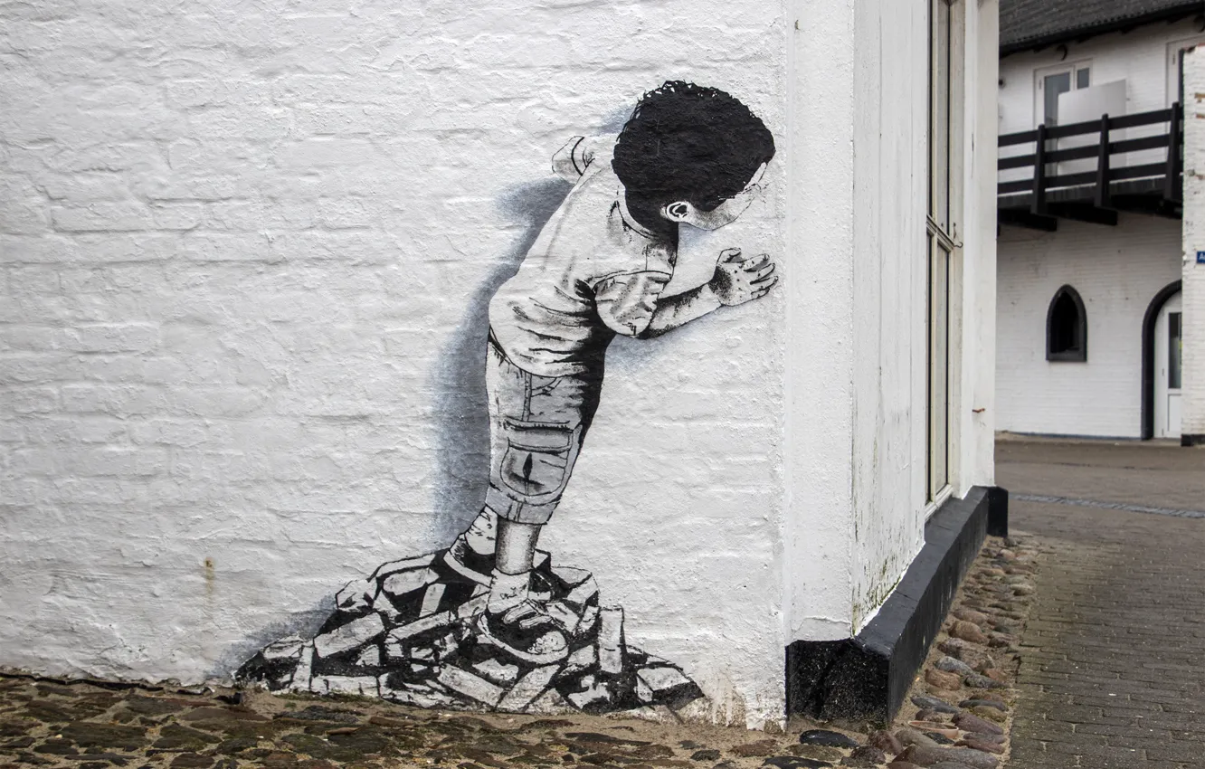 Photo wallpaper wall, graffiti, boy, white wall
