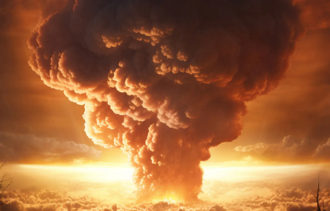 Photo wallpaper clouds, the explosion, lights, mushrooms, a nuclear explosion, digital art, nuclear weapons, AI art