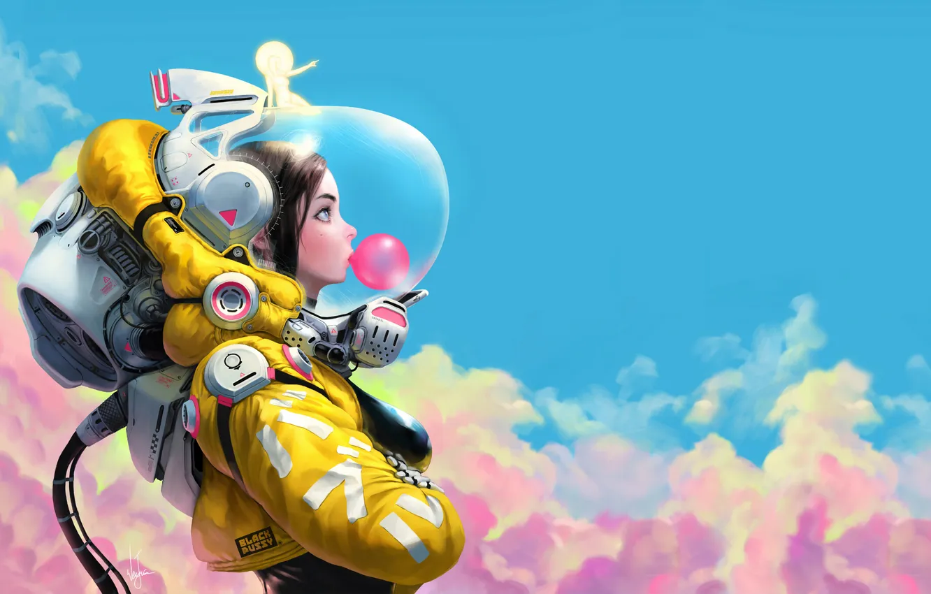 Photo wallpaper woman, space suit, Chewing gum, Isolation