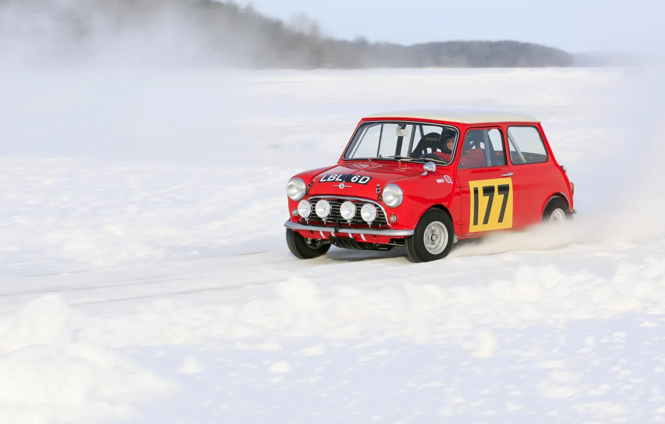 Photo wallpaper Red, Winter, Snow, Lights, Mini Cooper, Rally, MINI, Mini Cooper