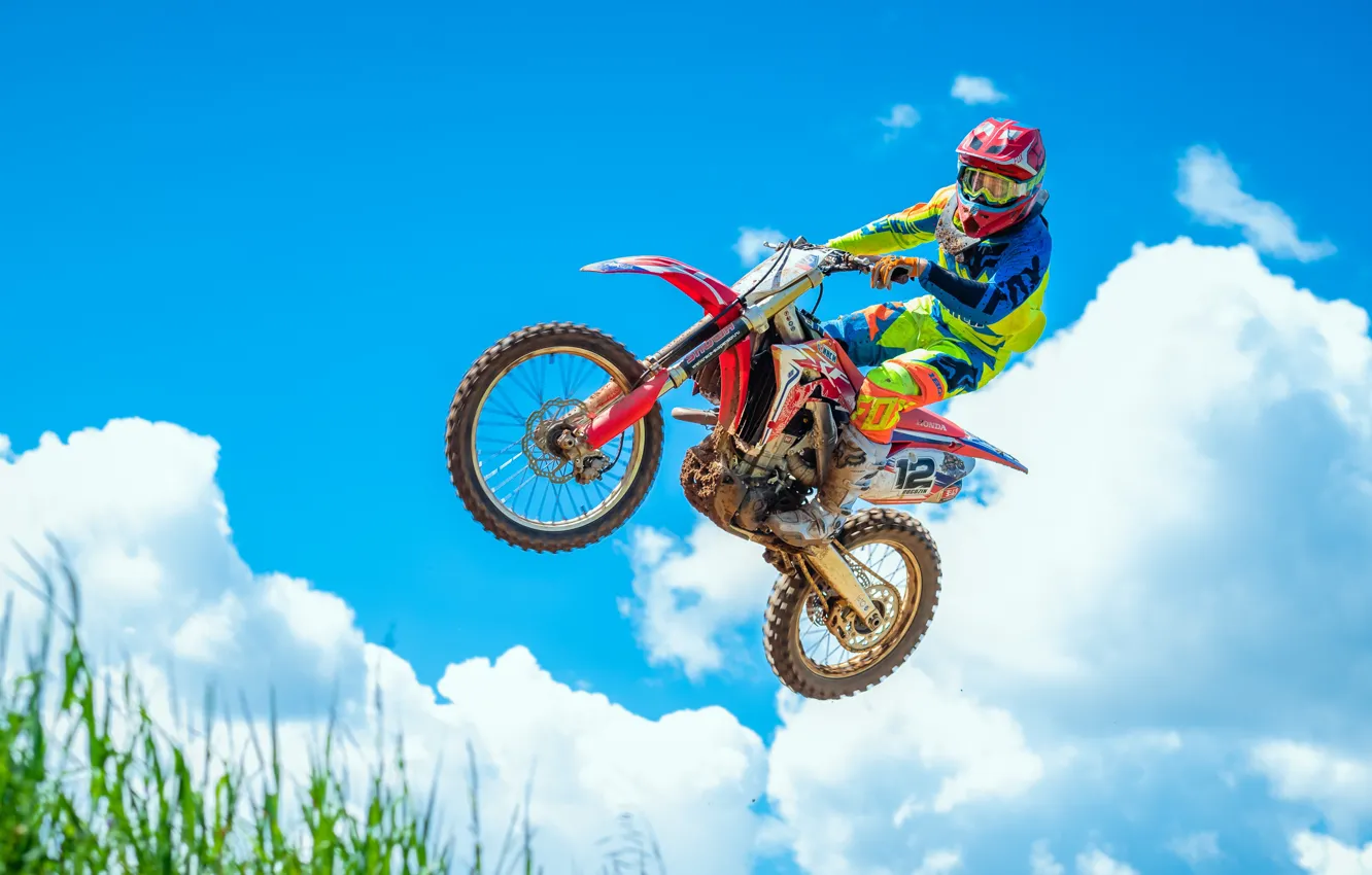 Photo wallpaper the sky, flight, jump, motorcycle, motocross, Honda