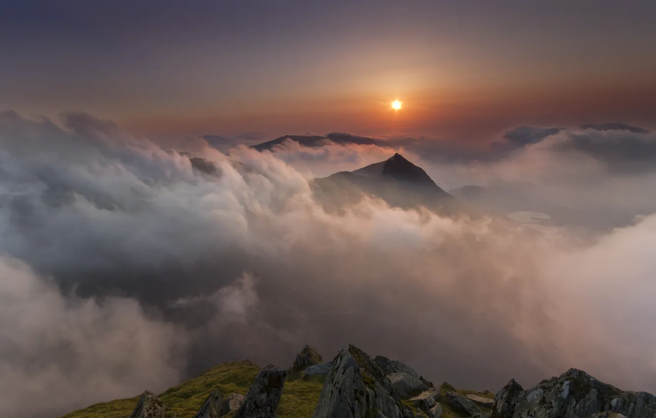 Photo wallpaper the sun, clouds, landscape, mountains, Wales, Nant Gwynant