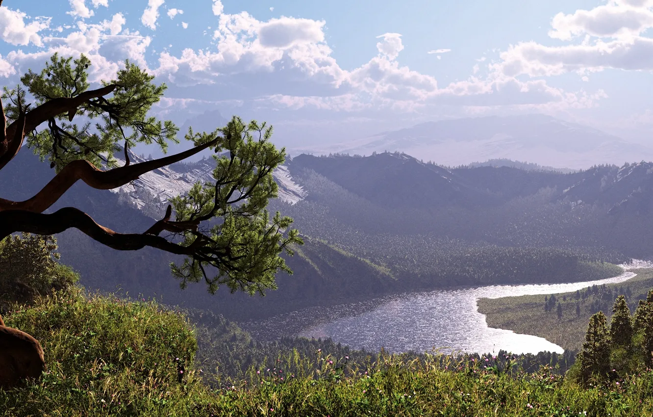 Photo wallpaper the sky, grass, trees, mountains, river