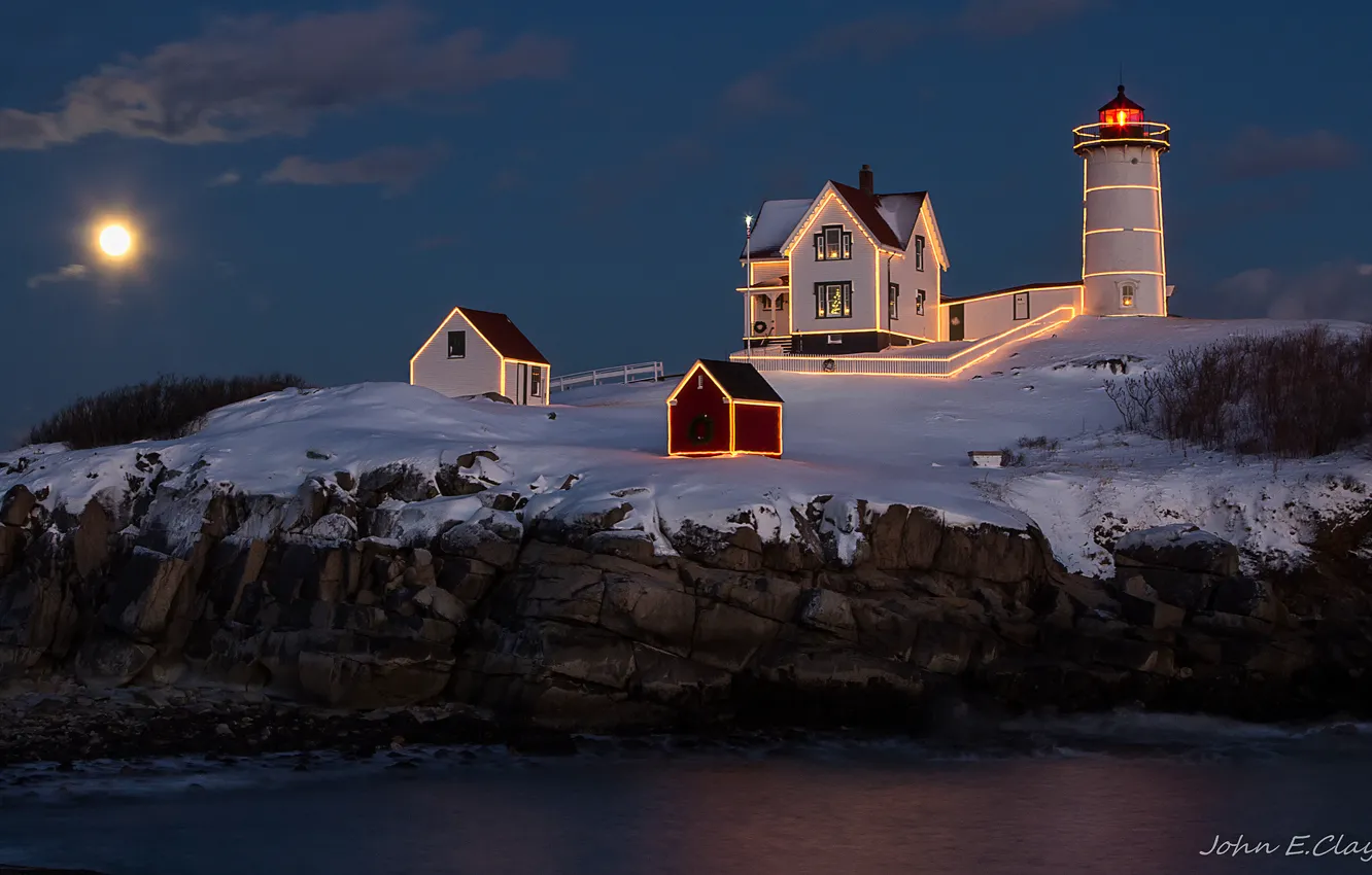 Photo wallpaper sea, light, night, rocks, the moon, lighthouse, home, backlight