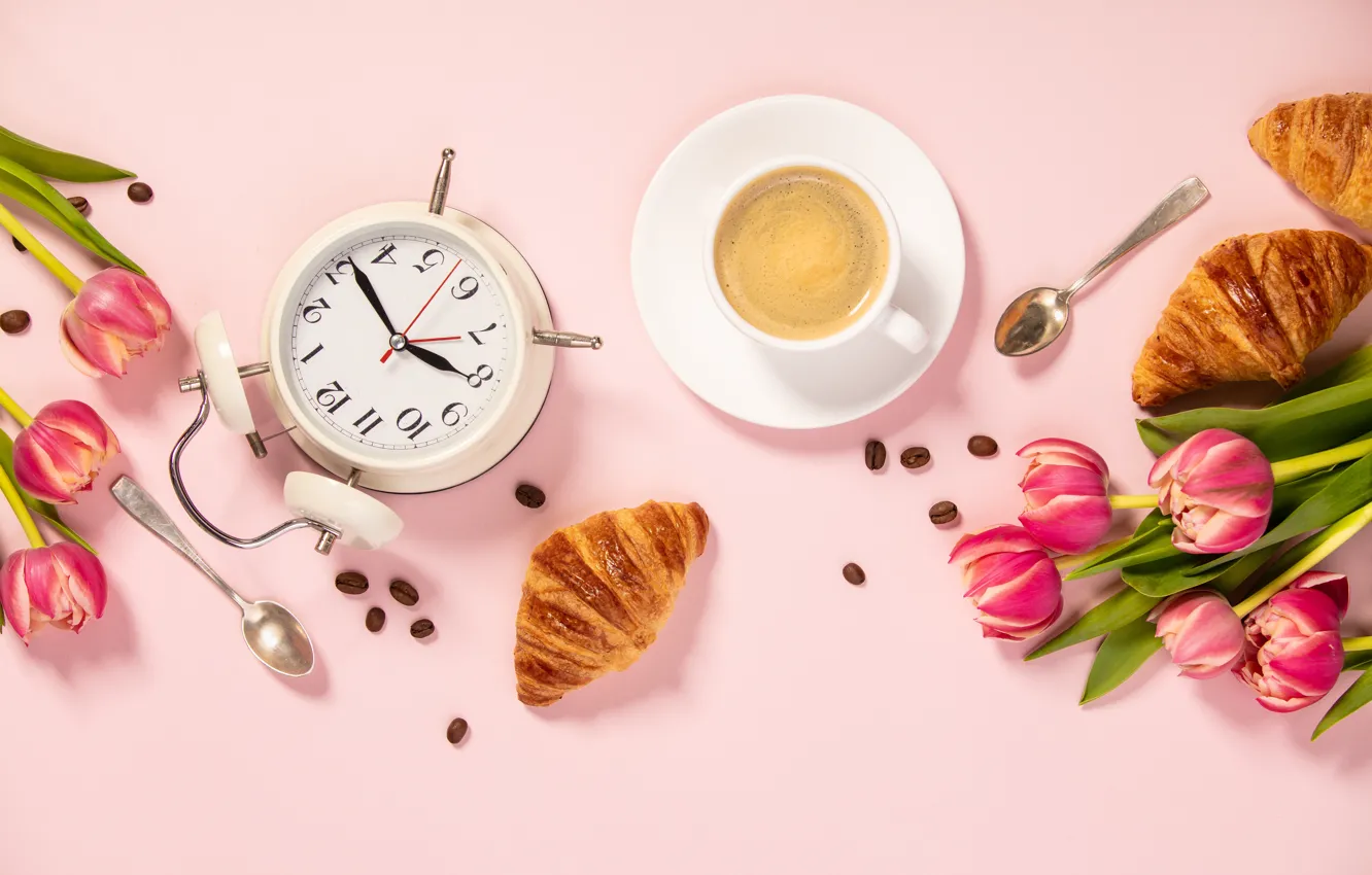 Photo wallpaper flowers, pink background, pink, flowers, tulips, coffee cup, purple, croissants