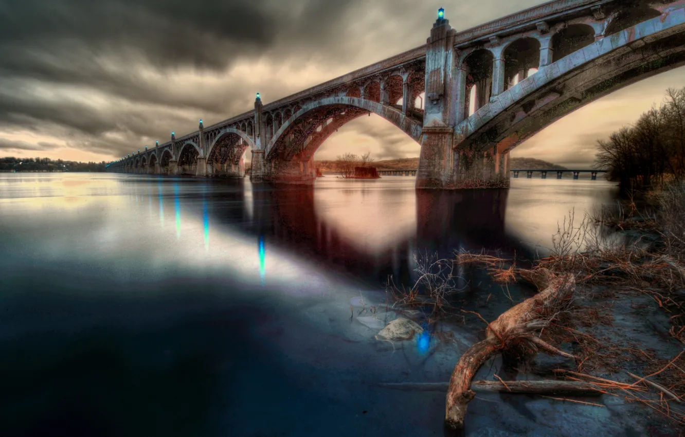 Photo wallpaper clouds, bridge, river