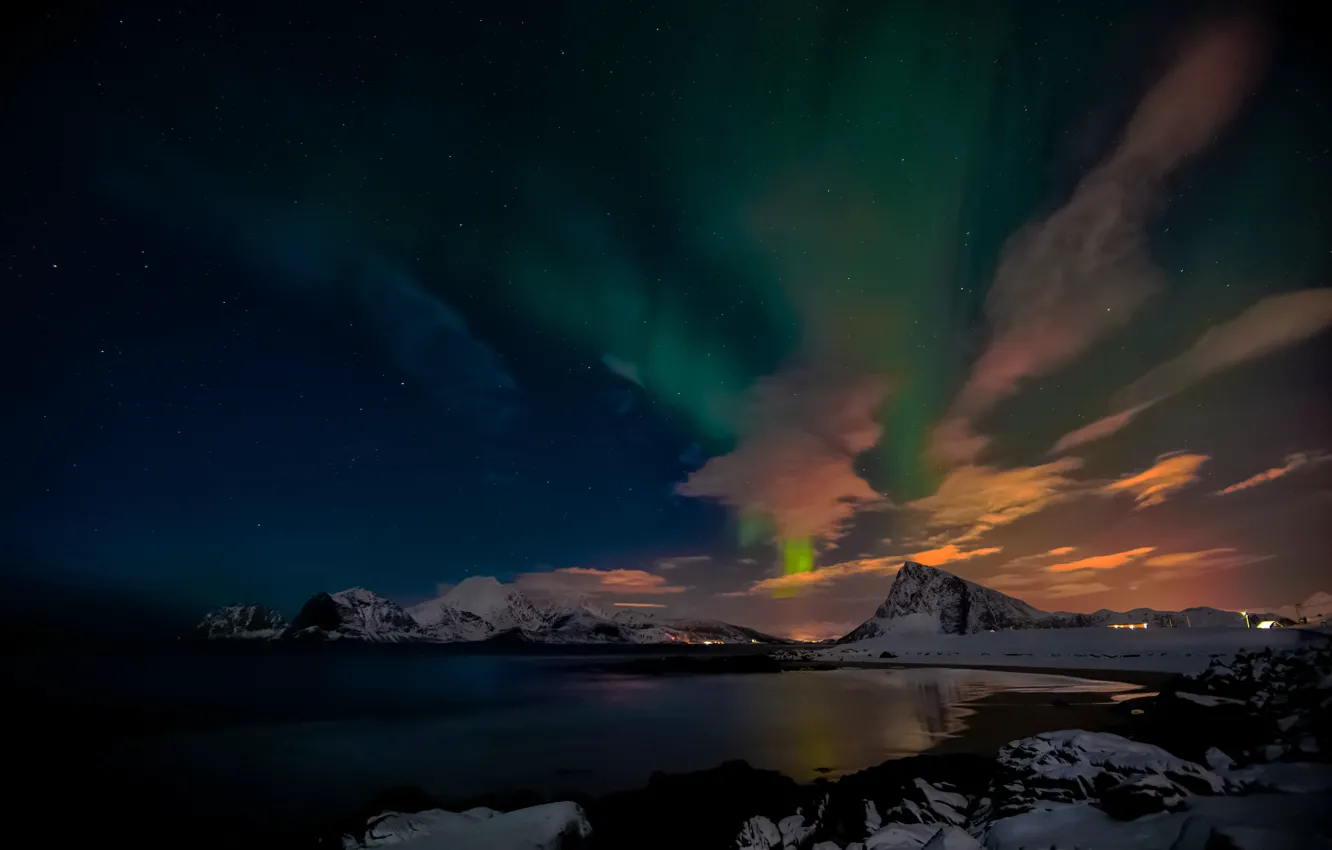 Photo wallpaper sea, the sky, clouds, snow, rocks, Northern lights, North, sky