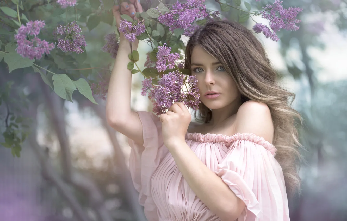 Photo wallpaper look, girl, branches, mood, hands, neckline, curls, lilac